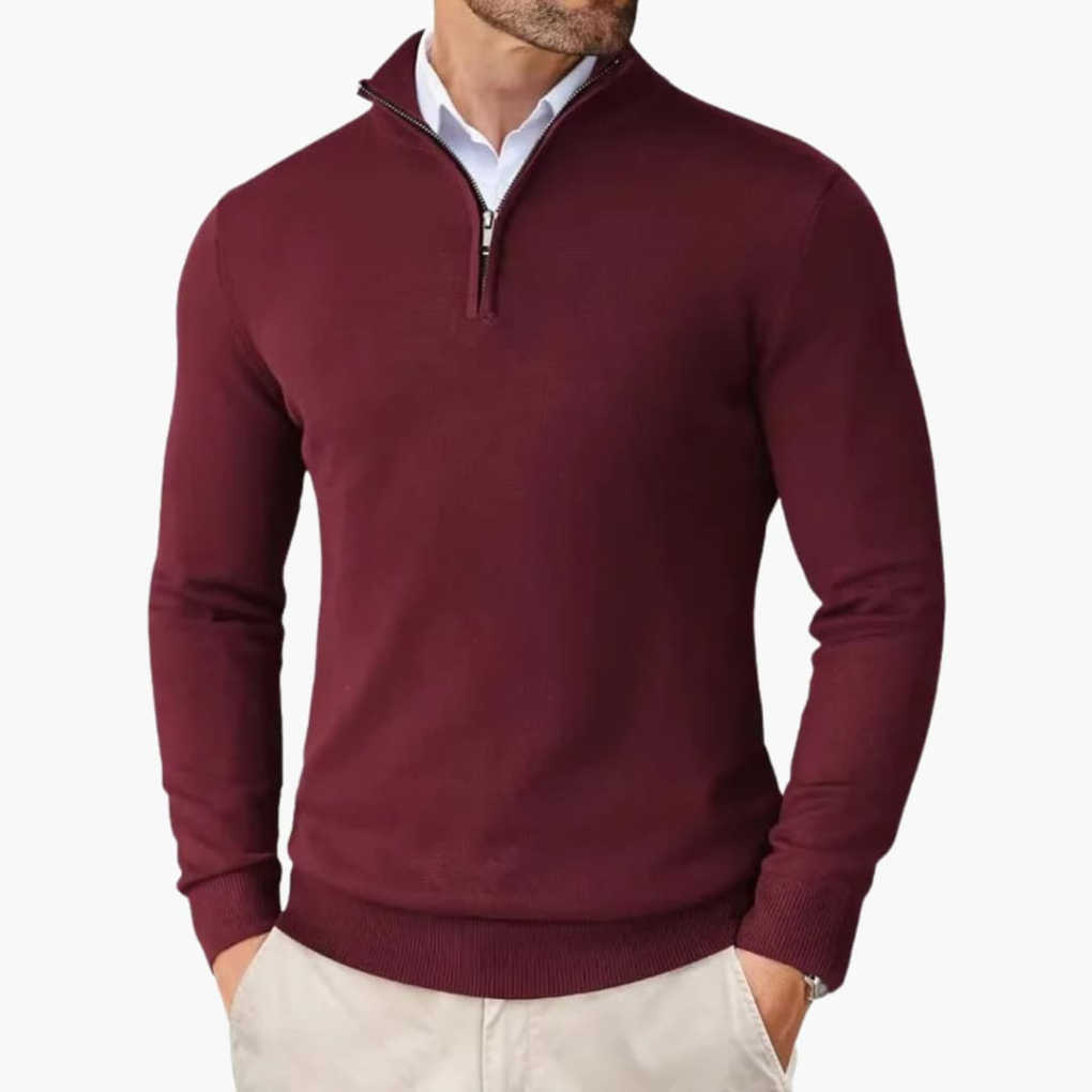 Versatile men's quarter zip knit top for smart casual occasions. Modern pullover with ribbed hem.