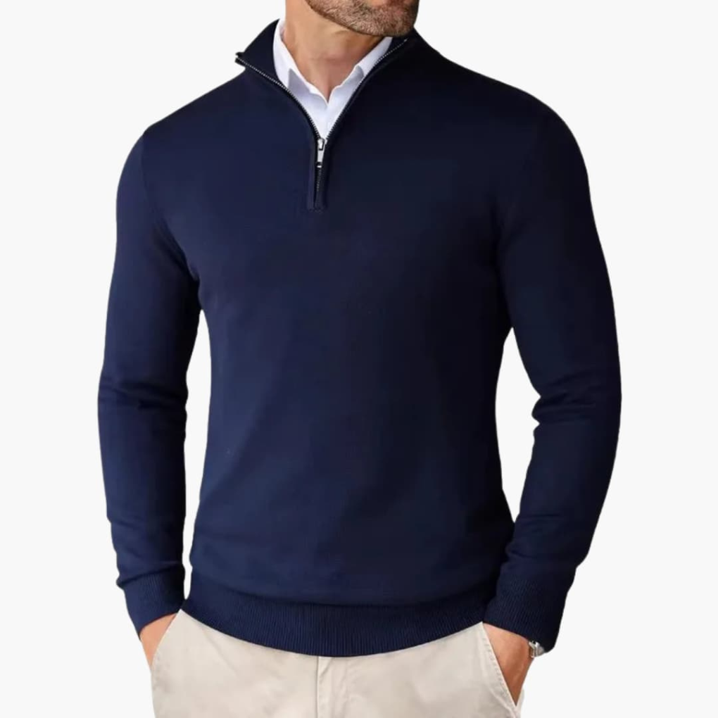 Modern men's quarter zip knit pullover, smart casual long sleeve design with ribbed hem for comfort.
