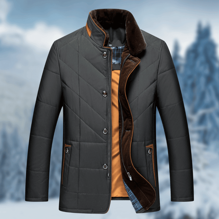 Men's quilted puffer jacket with button front & faux fur collar. Warm smart casual winter outerwear.