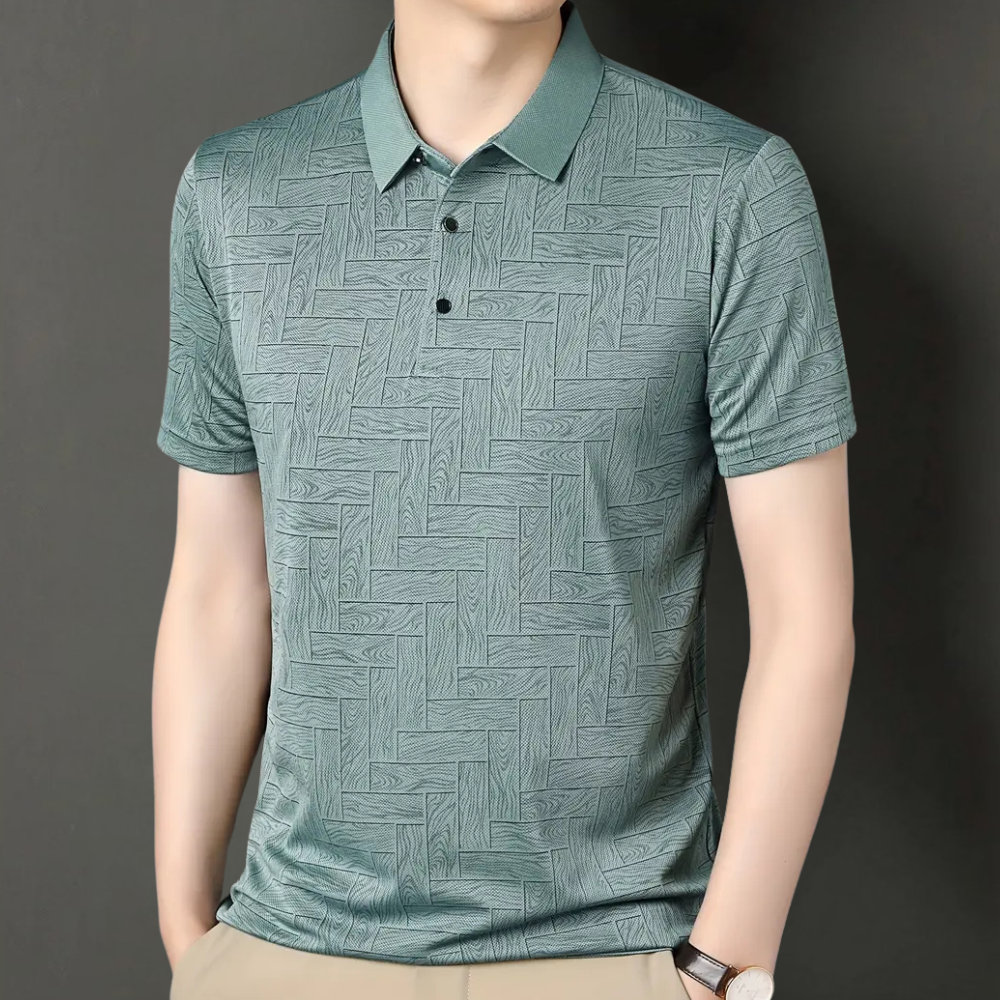 Men's smart casual textured knit polo shirt. Short sleeve, comfortable, versatile for summer & everyday fashion.