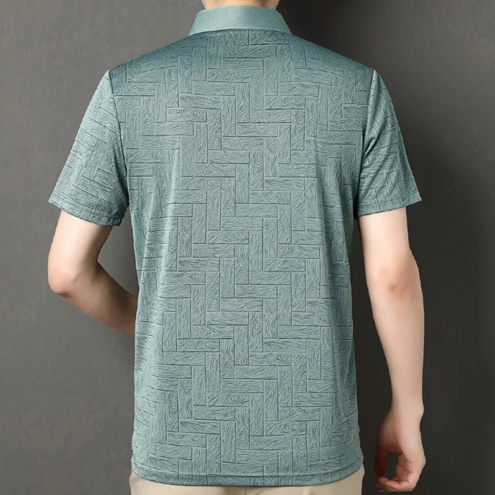 Stylish men's textured knit polo shirt, short sleeve. Perfect for smart casual wear & comfortable summer outfits.