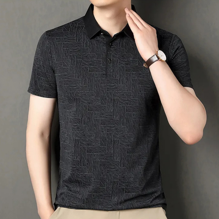 Modern men's textured knit polo shirt, short sleeve. Elevate your smart casual style with this summer top.