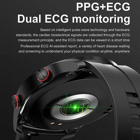 Men's smart watch with health monitoring, featuring digital display & sleek design.