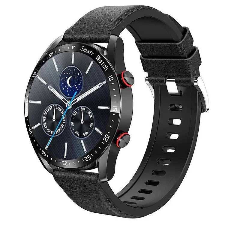 Stylish men's smartwatch on wrist, tracking steps and fitness activity.