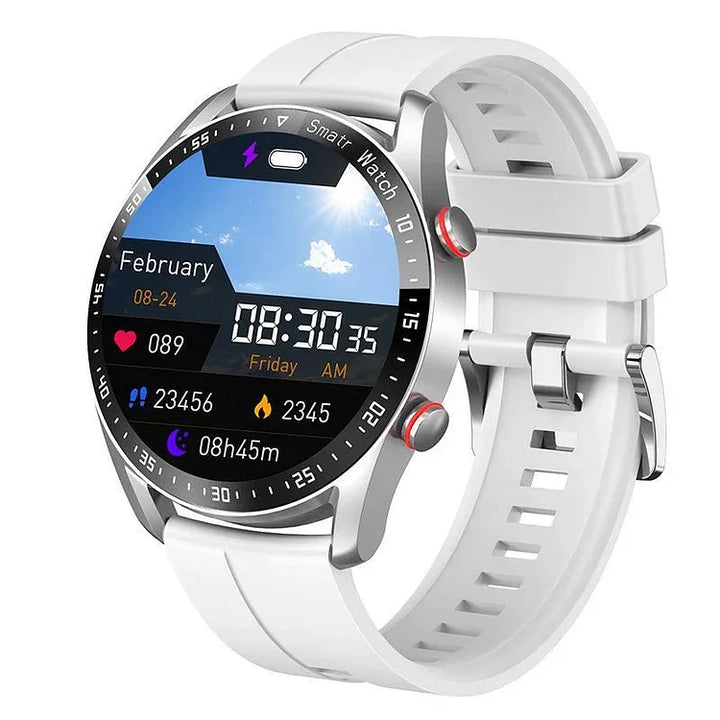 Modern men's digital watch with heart rate and blood pressure monitoring.