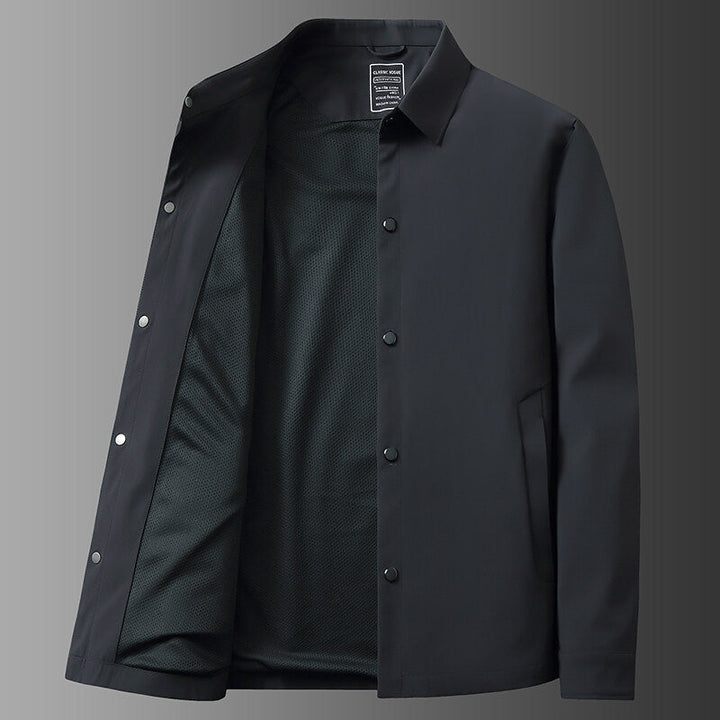 Versatile men's snap front shirt jacket, a collared outerwear piece for casual spring and fall fashion.