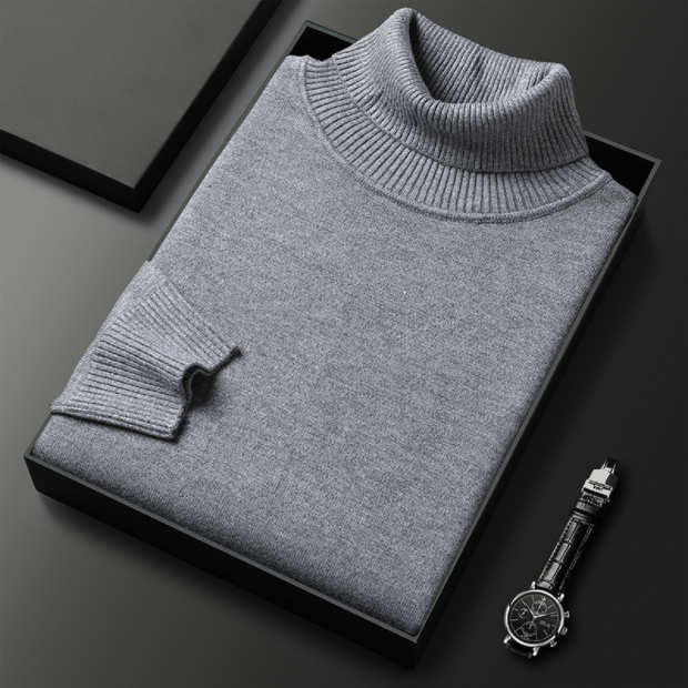 Men's solid white long sleeve turtleneck sweater, offering a clean and modern smart casual look