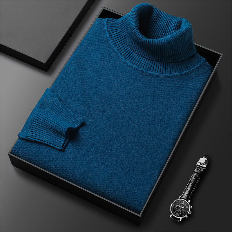 Back view of a men's basic long sleeve turtleneck sweater, highlighting its simple design