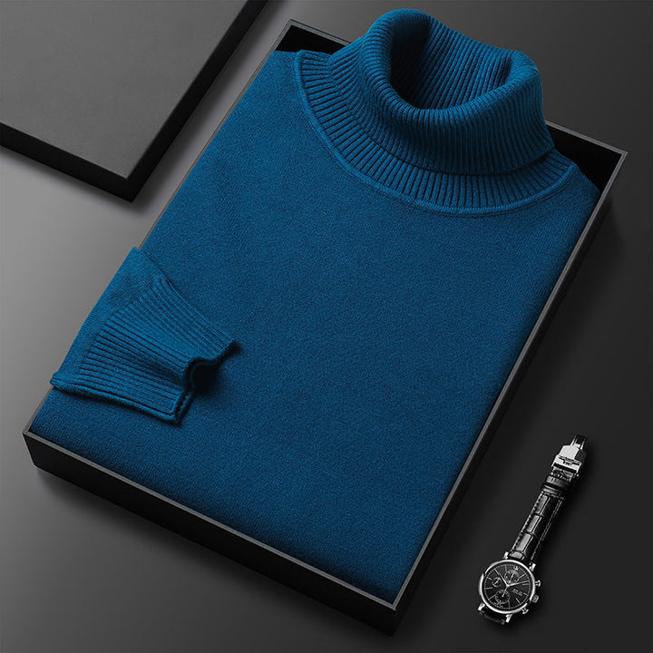 Back view of a men's basic long sleeve turtleneck sweater, highlighting its simple design