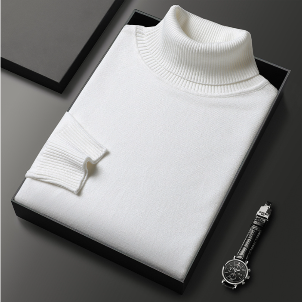 Close-up of the cuff on a men's long sleeve turtleneck, showing the quality knitwear