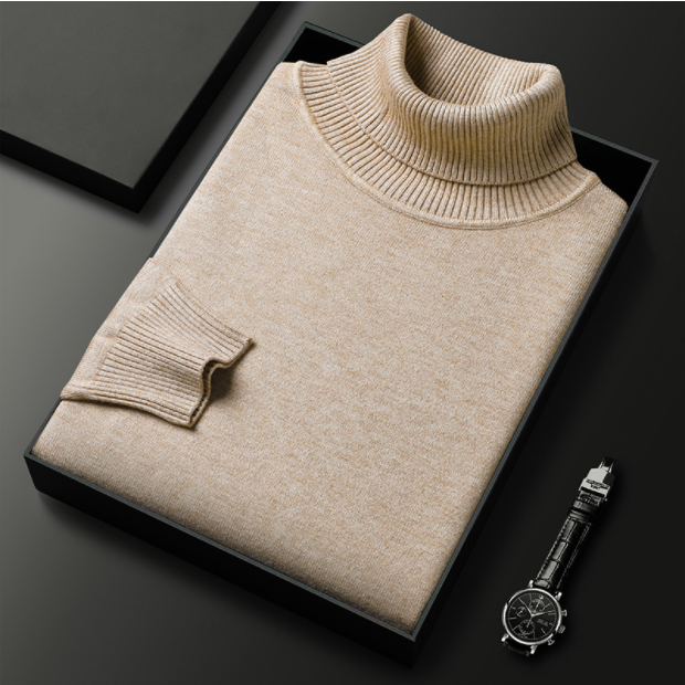 Styled men's solid black long sleeve turtleneck, demonstrating a smart casual fashion outfit