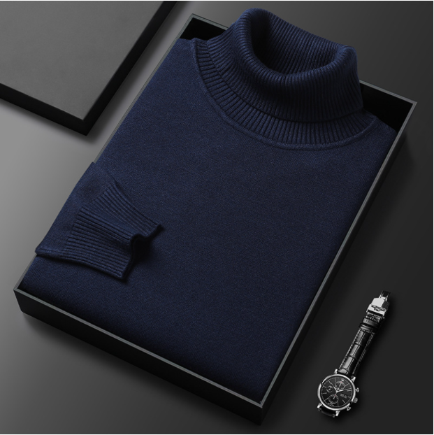 Front view of a men's basic long sleeve turtleneck sweater in a versatile solid shade