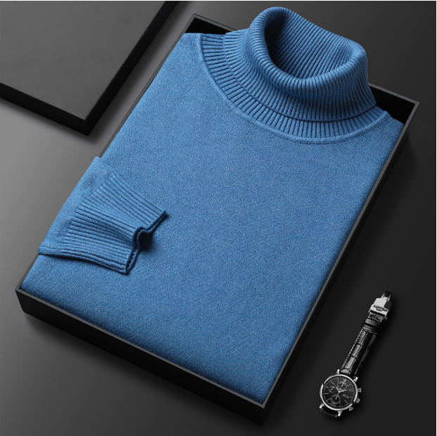 Men's solid navy blue turtleneck sweater, a classic piece of men's apparel for any season