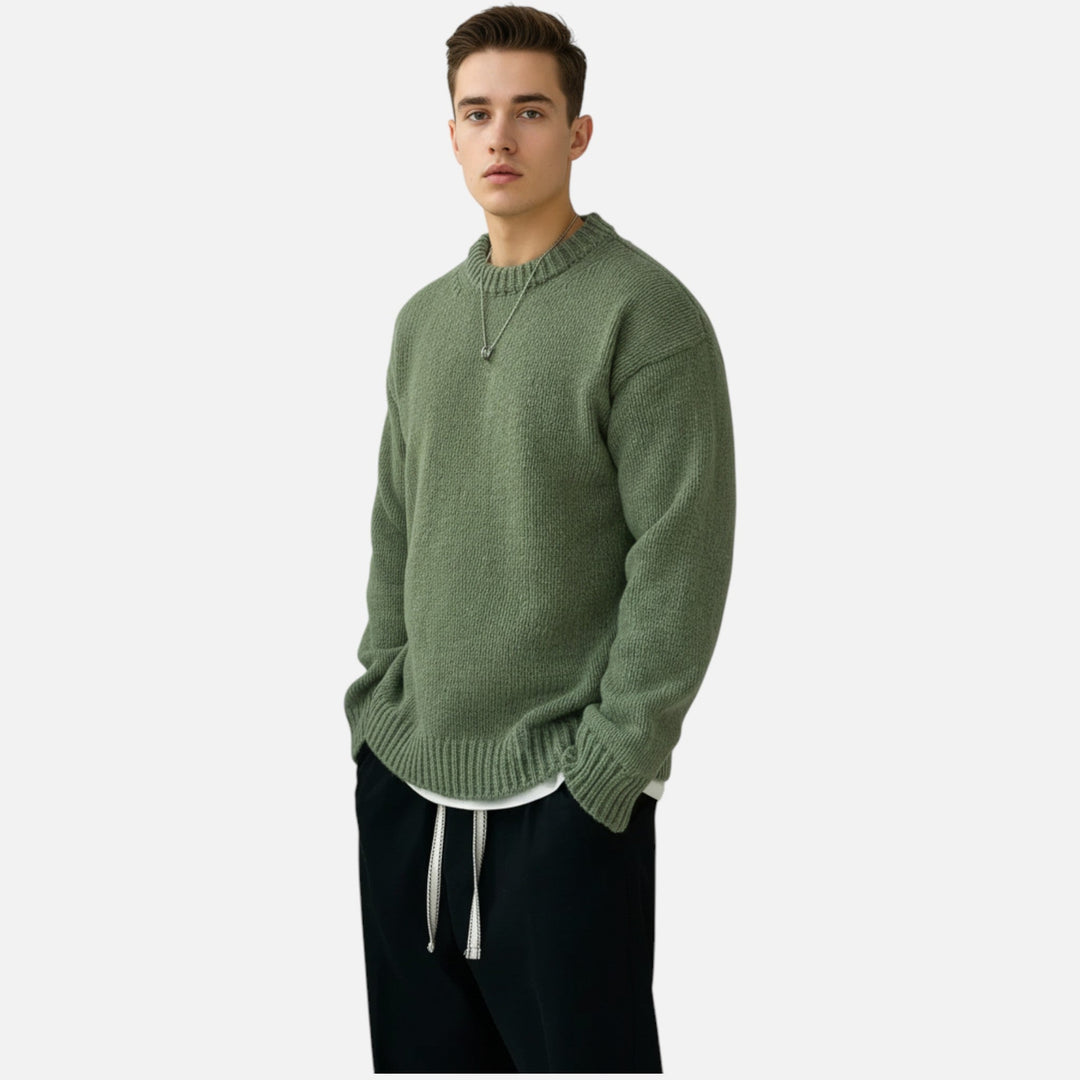 Comfortable men's crew neck pullover sweater, ideal for layering in fall & winter, smart casual look.