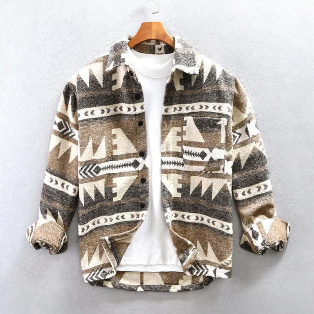Unique men's Aztec print shirt jacket in Southwestern style. Ideal for autumn fashion, casual wear & layering.