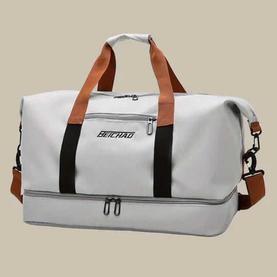 Front view of black men's spacious travel duffel bag made of Oxford fabric