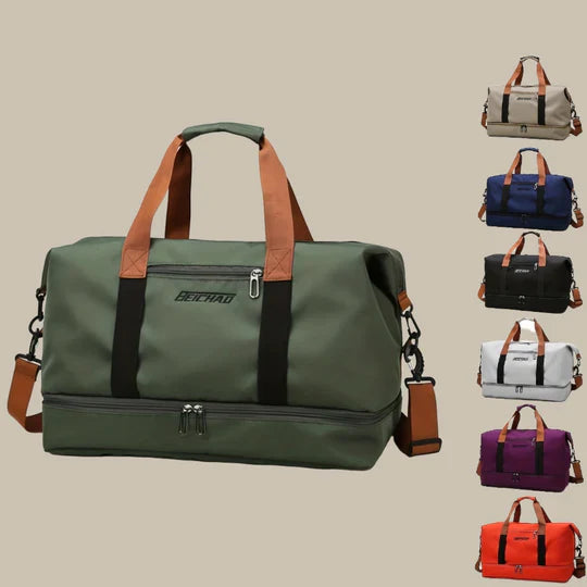 Side view of durable men's gym duffel bag with practical compartments