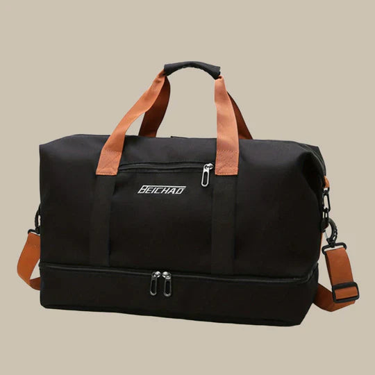 Open men's travel duffel bag showing spacious interior for essentials