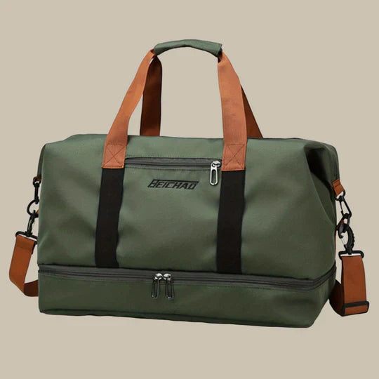 Men's weekend bag, black Oxford fabric duffel with adjustable shoulder strap
