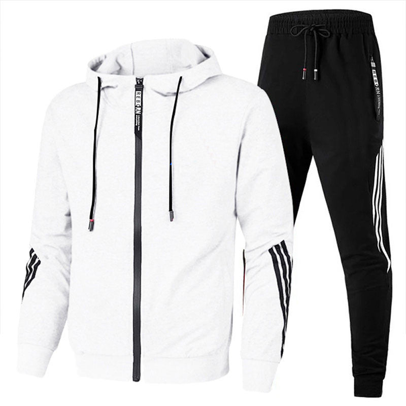 Men's sporty black tracksuit set for active lifestyle; comfortable two-piece athletic wear, ideal for jogging or casual outfits.