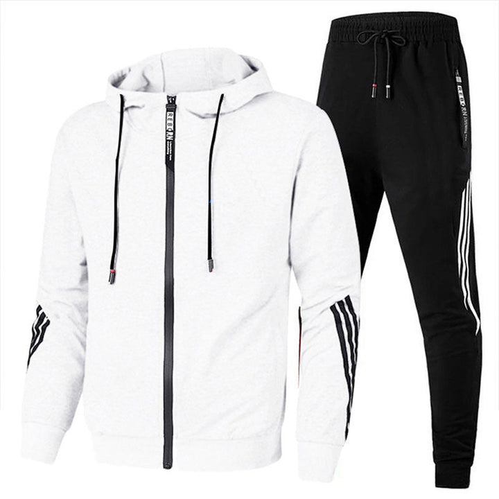 Men's sporty black tracksuit set for active lifestyle; comfortable two-piece athletic wear, ideal for jogging or casual outfits.