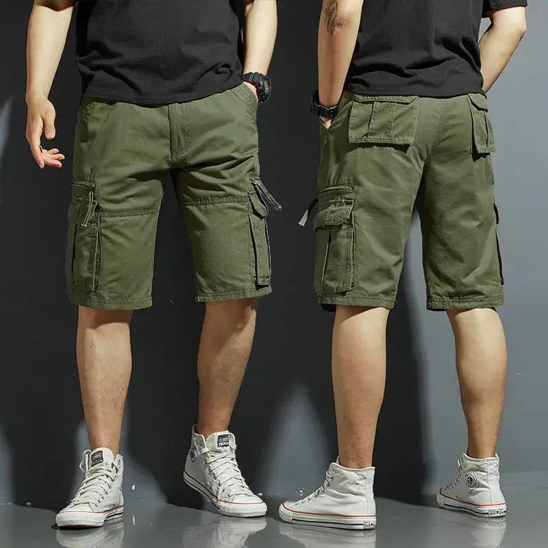 Close-up of men's utility cargo shorts, highlighting spacious side pockets, perfect for storing essentials during spring outings.