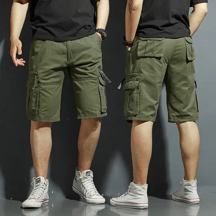 Close-up of men's utility cargo shorts, highlighting spacious side pockets, perfect for storing essentials during spring outings.