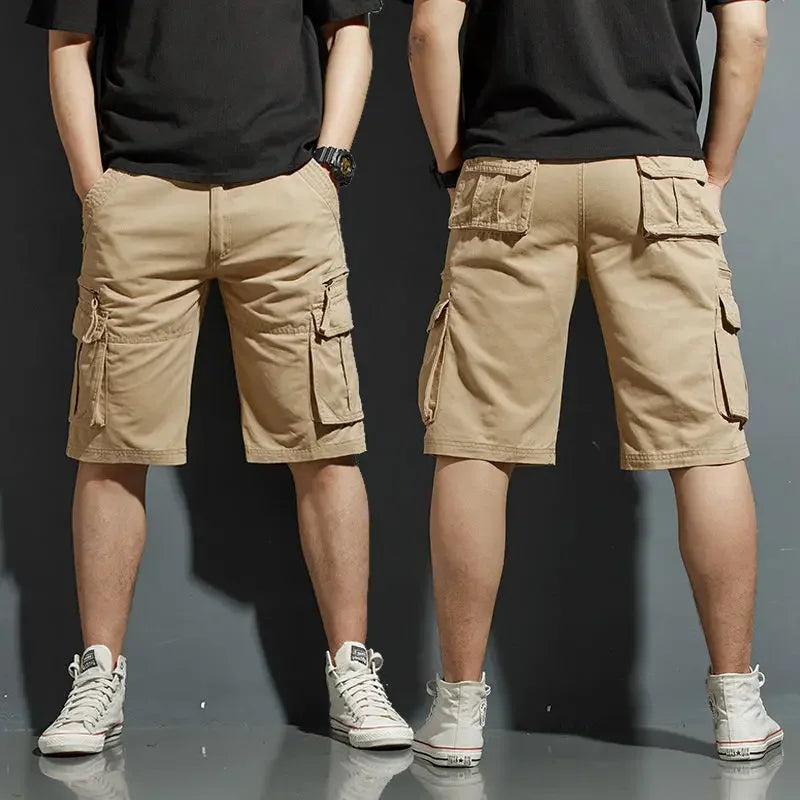 Stylish man wearing comfortable men's spring cargo shorts, showcasing their casual fashion appeal and practical multi-pocket design.