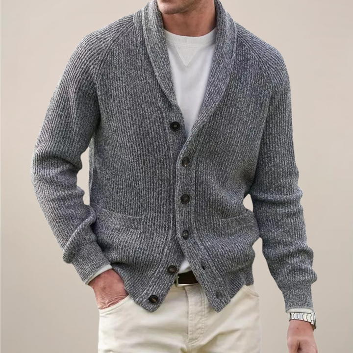 Stylish men's button cardigan with shawl collar, perfect casual knitwear for spring style