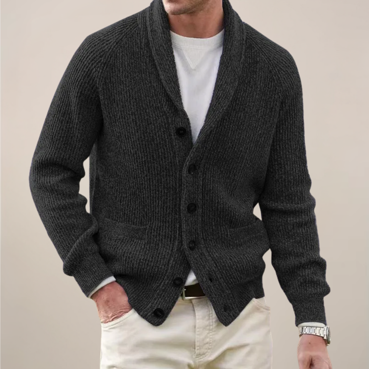 Close-up of men's spring button cardigan with textured knit and classic shawl collar