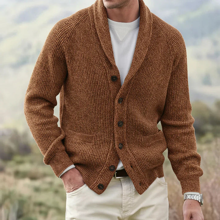Men's casual shawl collar cardigan, ideal for layering and versatile spring fashion.