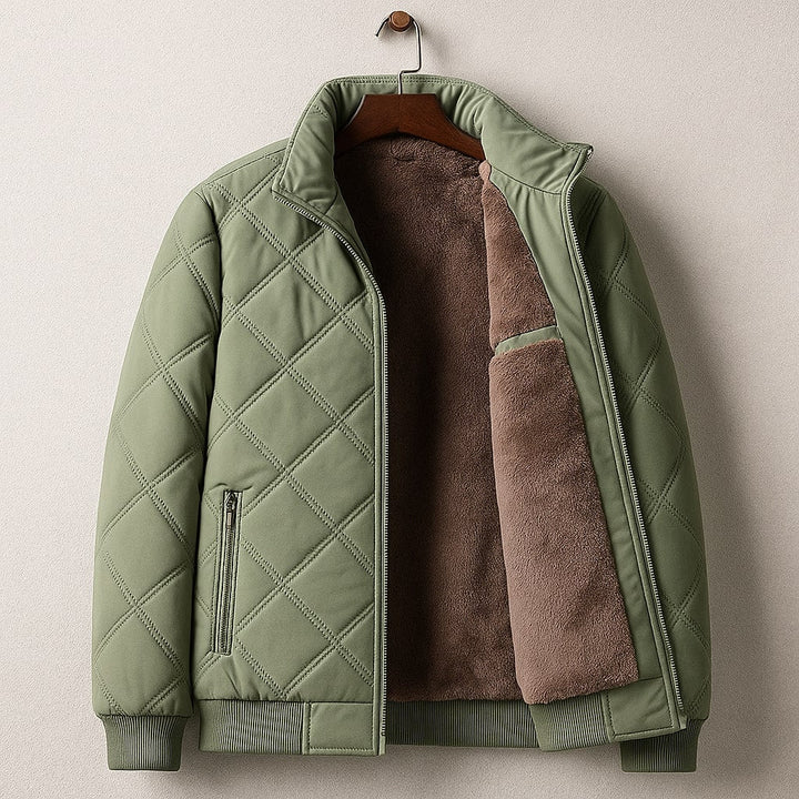 Men's stand collar quilted bomber jacket. Stylish winter outerwear, perfect for casual everyday wear. Warm & versatile.