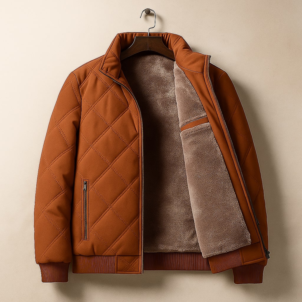 Versatile men's quilted winter jacket with stand collar. Ideal for casual fashion & everyday warmth. Bomber style.