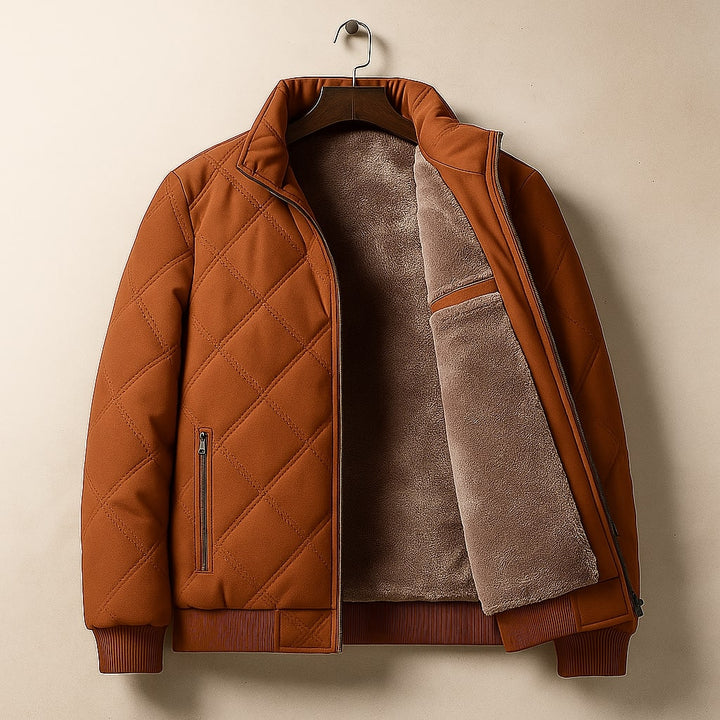Versatile men's quilted winter jacket with stand collar. Ideal for casual fashion & everyday warmth. Bomber style.