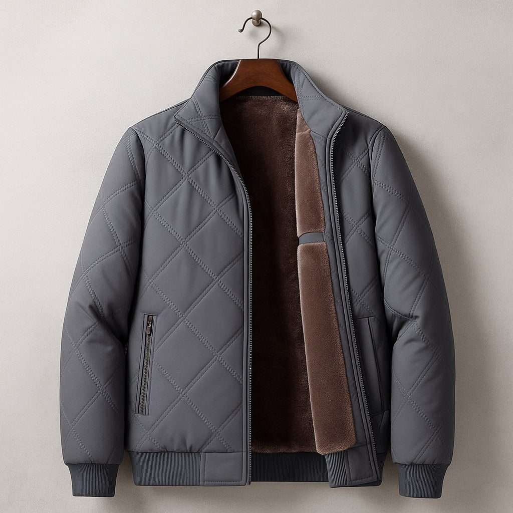 Stylish men's quilted bomber jacket. Features a stand collar, perfect for winter. Casual & versatile outerwear.