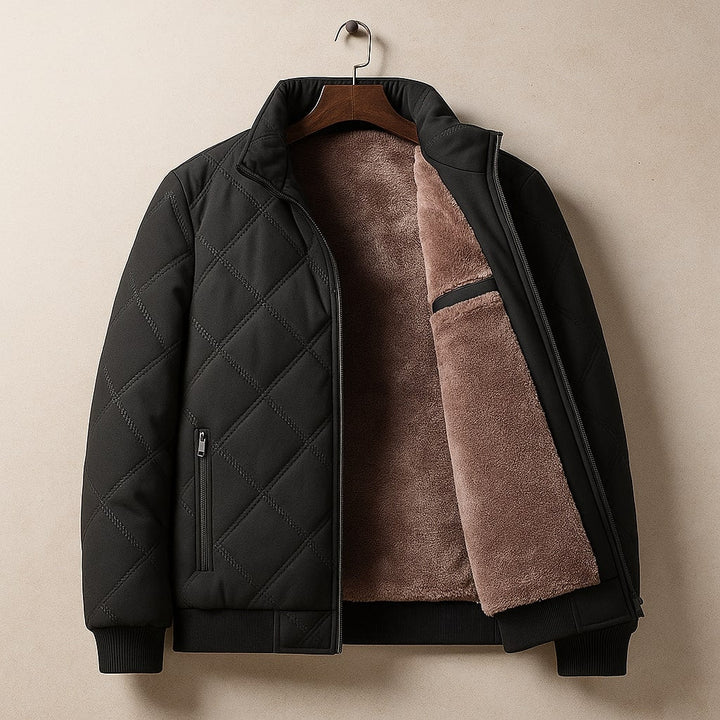 Warm men's stand collar winter bomber jacket. Quilted design offers comfort & style for everyday casual outerwear.