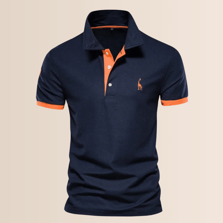 Close-up of the unique stand collar V-neck on a men's casual polo shirt, highlighting its comfortable design.