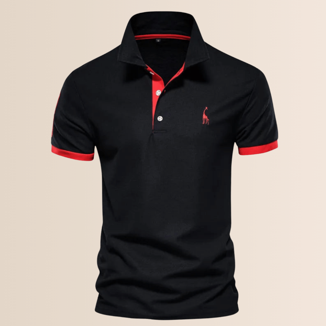 Man wearing a loose-fit stand collar V-neck polo, ideal casual top for spring and summer fashion comfort.