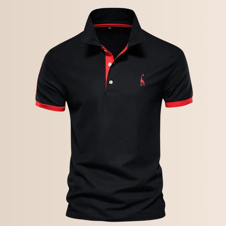 Man wearing a loose-fit stand collar V-neck polo, ideal casual top for spring and summer fashion comfort.