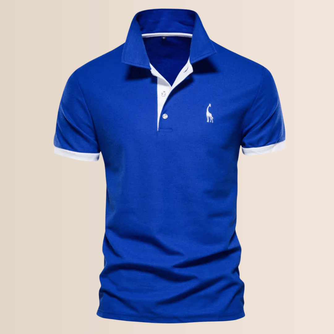 Back view of a men's stand collar V-neck polo, showing its relaxed loose fit for comfortable everyday apparel.