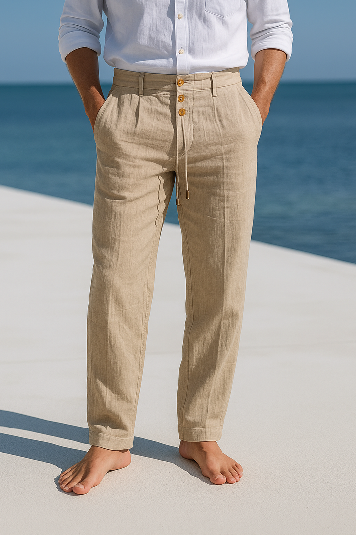 Men's straight fit linen trousers in a light color, perfect for breathable summer comfort and casual wear.