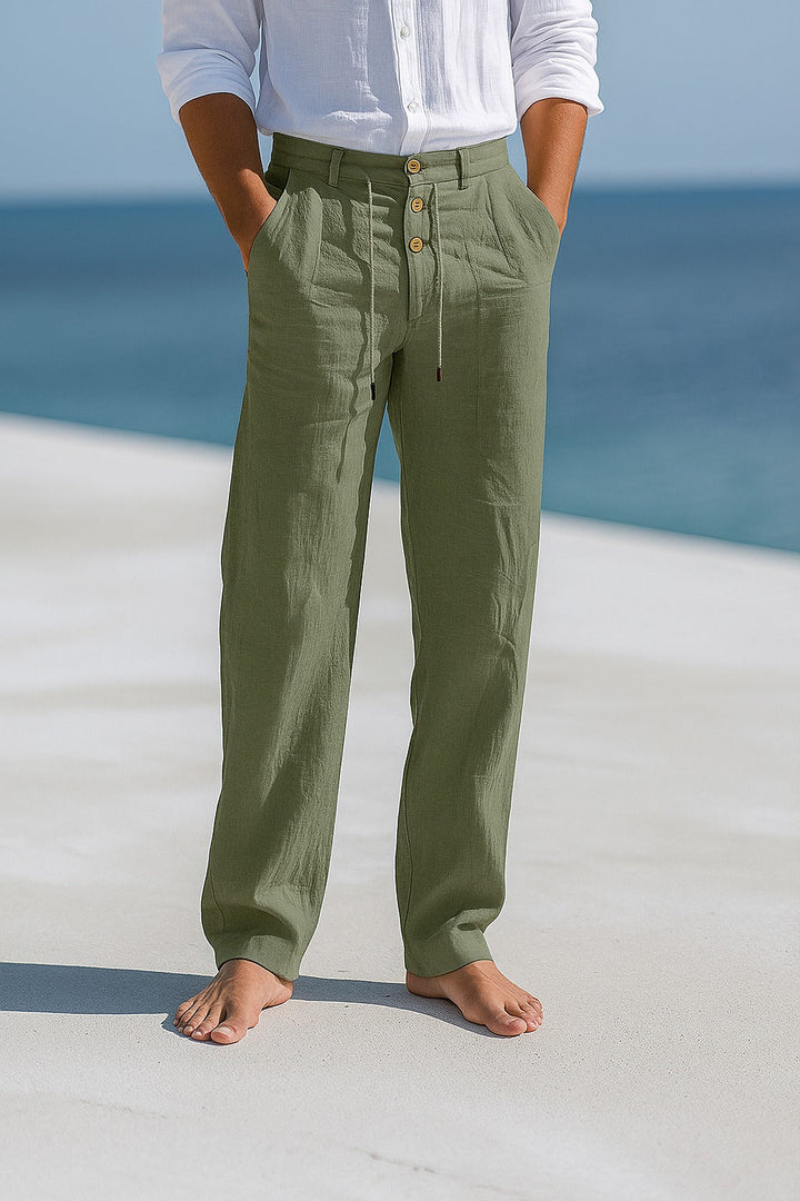 Comfortable men's linen trousers with a straight fit, designed for breathable wear during hot summer days.