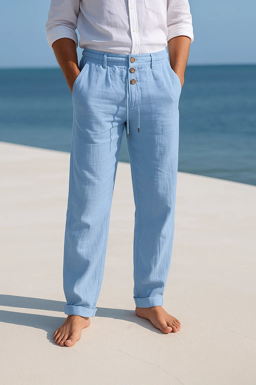 Versatile men's straight fit linen summer trousers, offering breathable comfort for beach or casual wear.