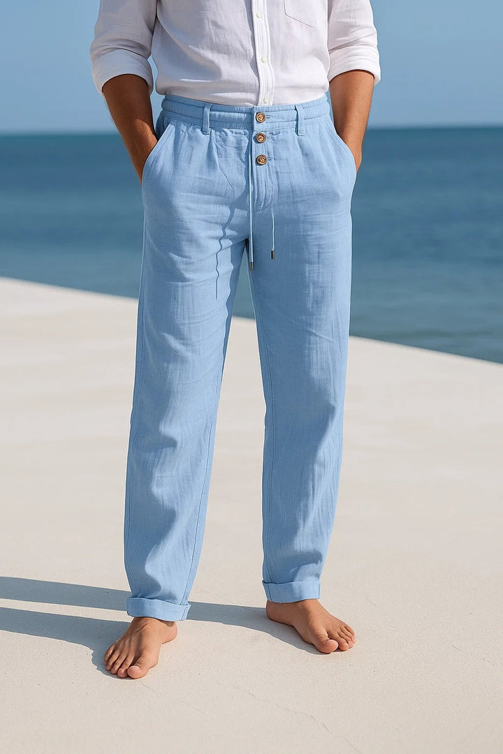 Versatile men's straight fit linen summer trousers, offering breathable comfort for beach or casual wear.