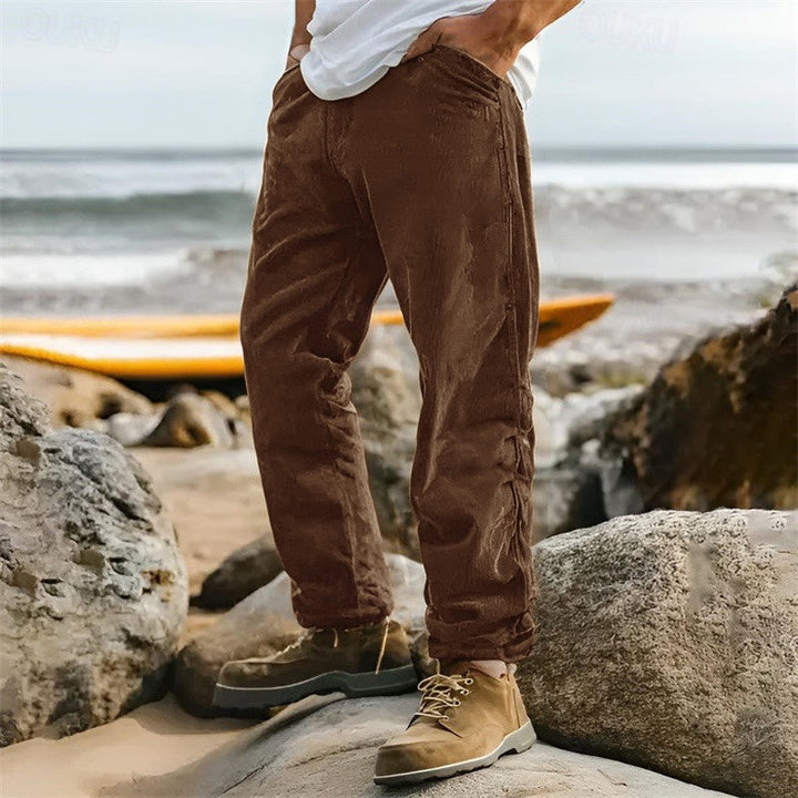 Full shot of men's straight leg casual trousers with ribbed texture, ideal for modern, comfortable, and smart-casual outfits.