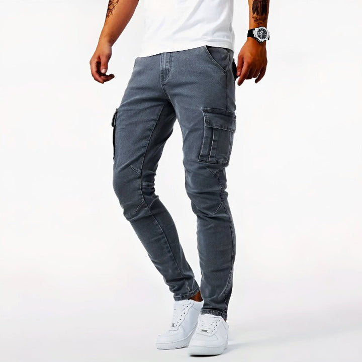 Men's stretch fit cargo pants, khaki, with large side pockets for casual everyday wear convenience.