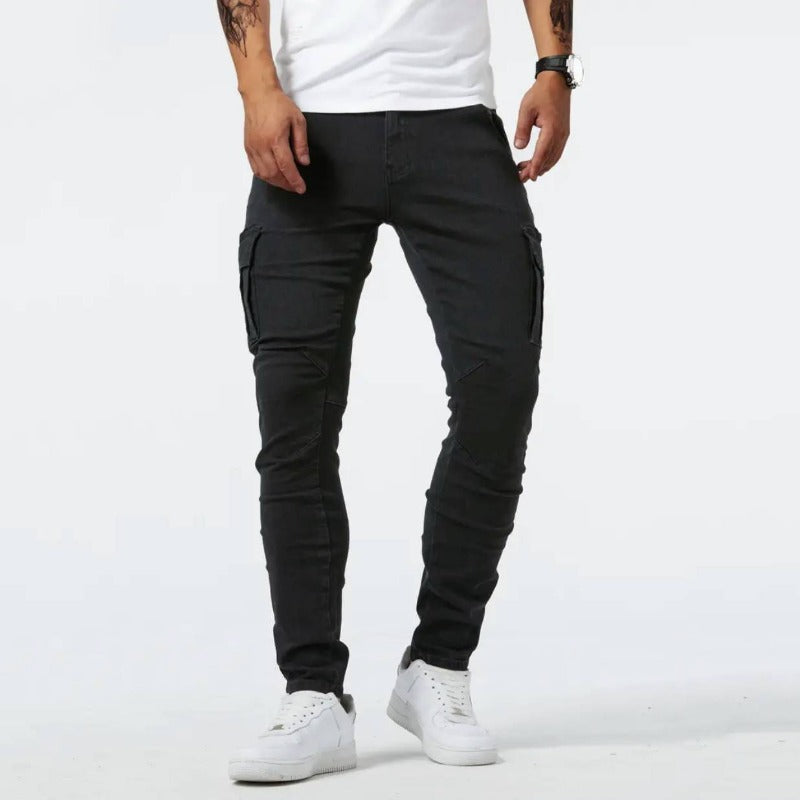 Close-up of men's utility cargo pants in black, highlighting stretch fabric and pocket detail for comfort.