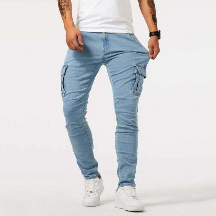 Men's dark green stretch fit cargo pants, ideal for comfortable, casual fashion and daily utility.