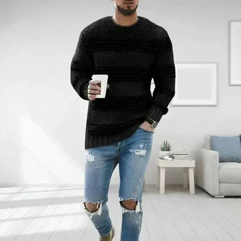 Men's striped crew neck long sleeve sweater, perfect for casual wear. Comfortable pullover in a modern style.