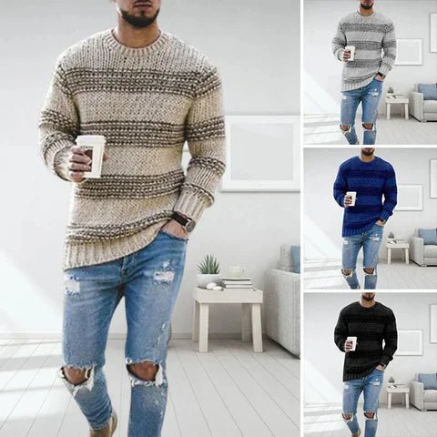 Versatile men's striped crew neck sweater. Ideal long sleeve pullover for casual outfits & everyday fashion.